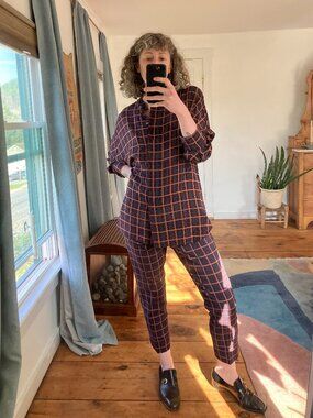 NWT Theory plaid matching purple long sleeve blouse and cropped trouser set, L